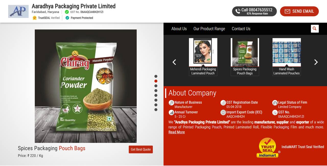 Aaradhya Packaging website homepage