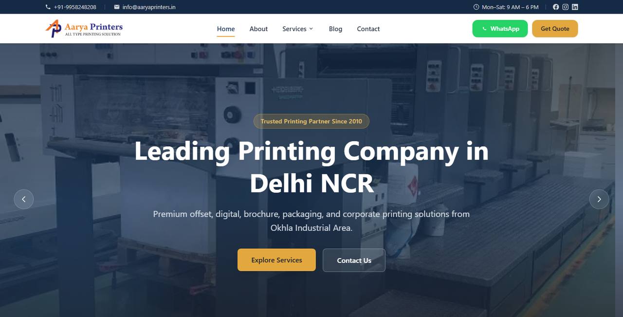Aarya Printers website homepage