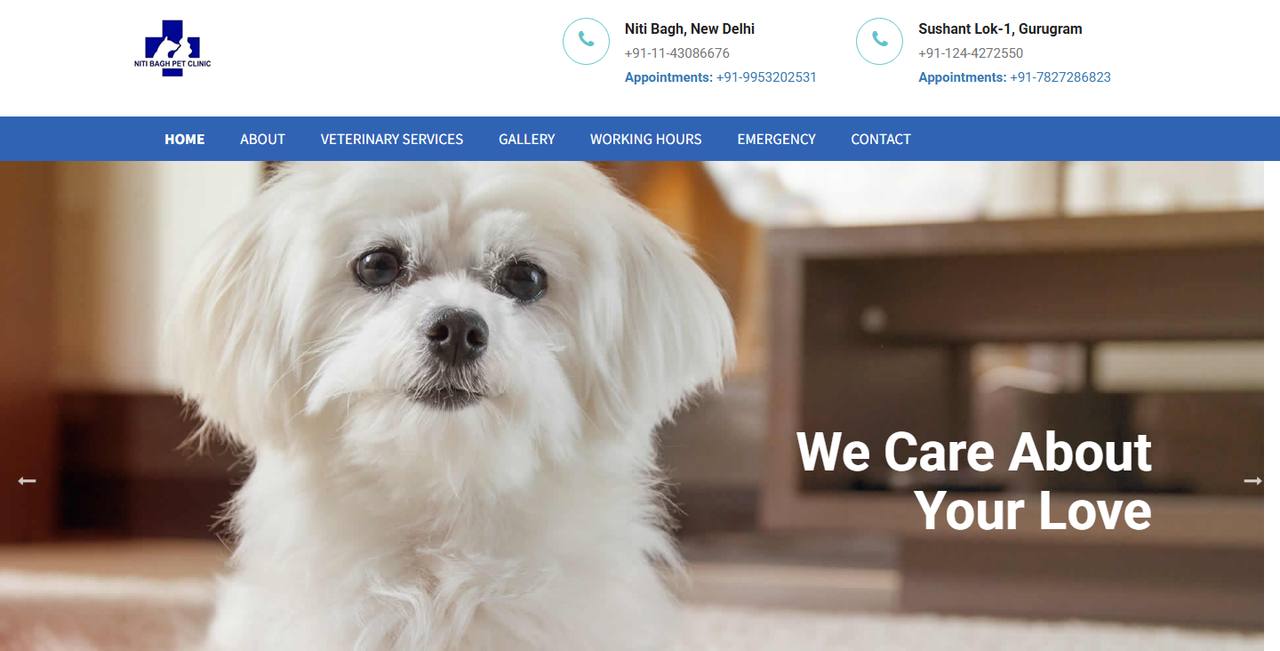 Niti Bagh Pet Clinic website homepage