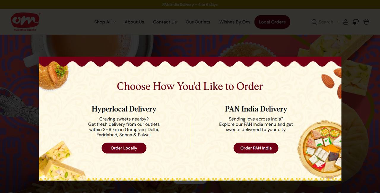 Om Sweets & Snacks website homepage