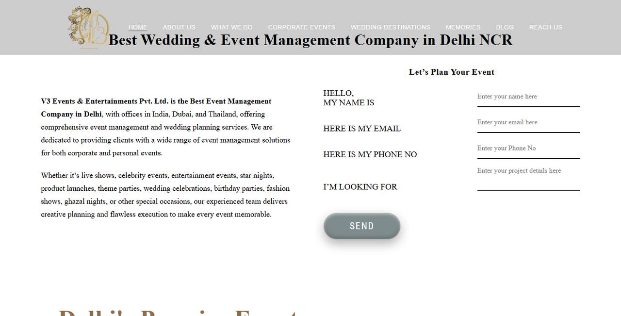 V3 Events & Weddings website homepage
