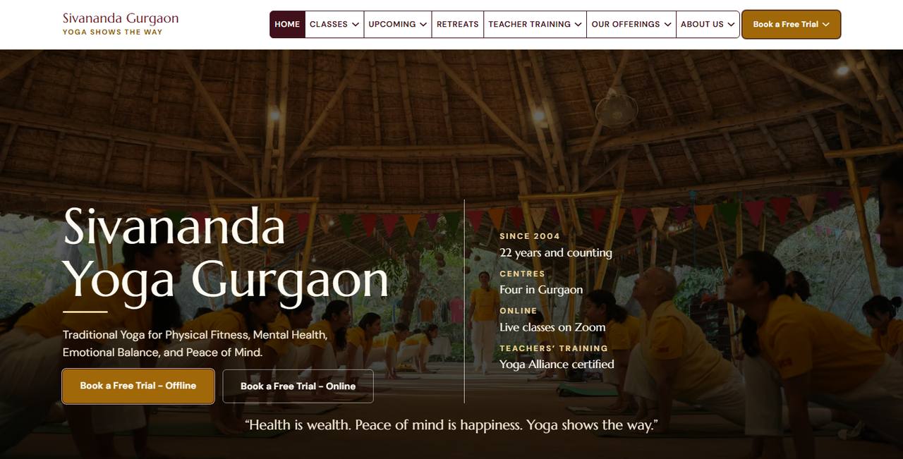 Sivananda Yoga Gurgaon website homepage
